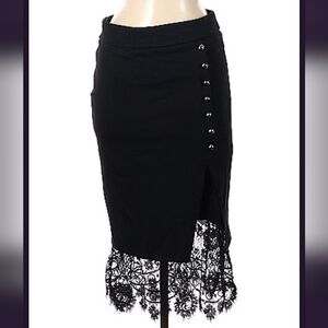 Black Lace Hem Midi Pencil Skirt Button Detail